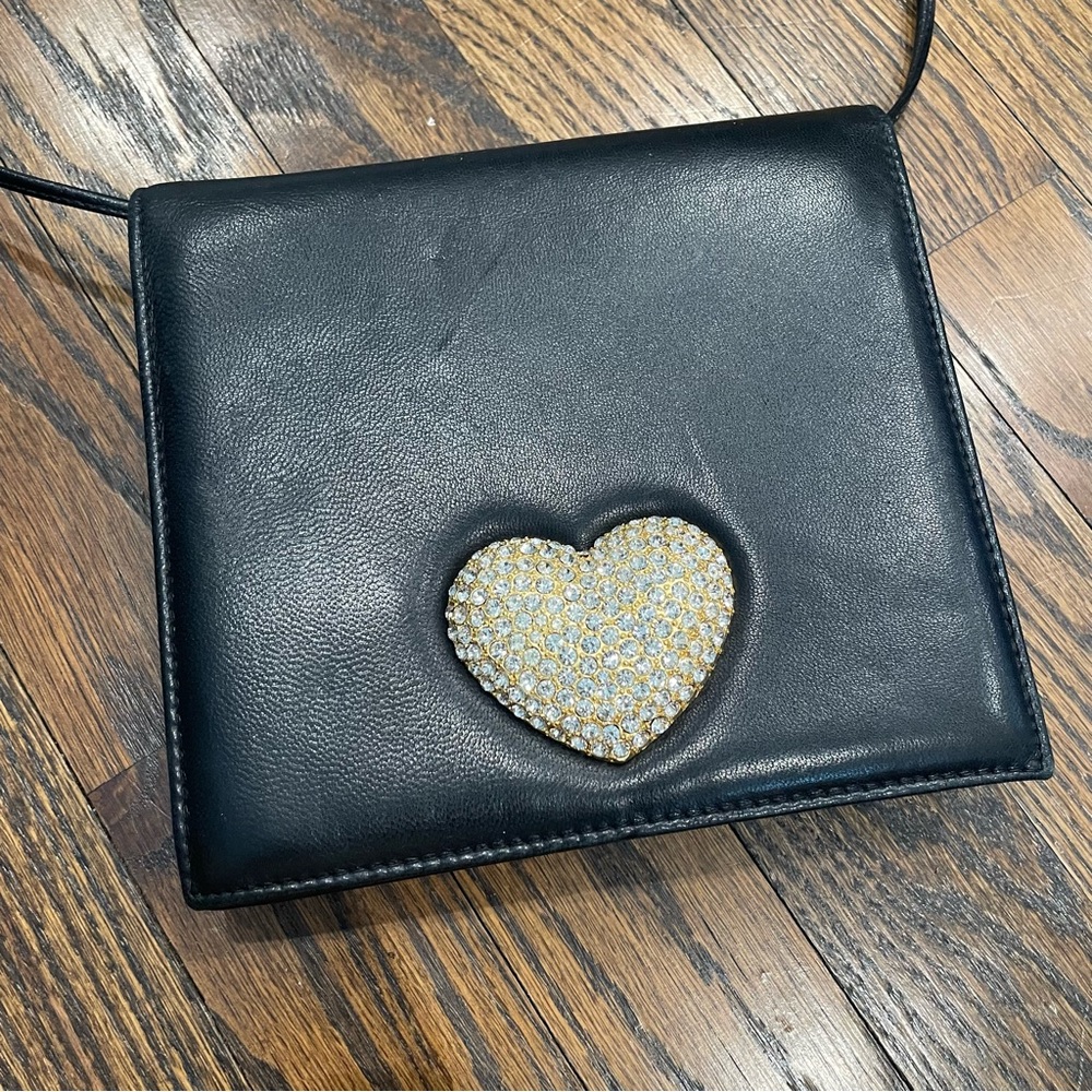 VINTAGE SUSAN GAIL Black Leather Rhinestone Heart Crossbody Bag Clutch - Picture 2 of 13
